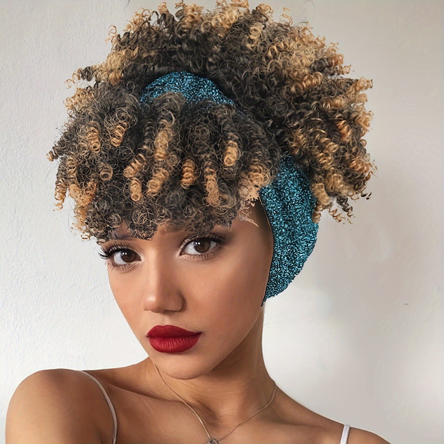 Headband Wigs For Women, Synthetic Short Afro Kinky Curly Wigs Dark Brown Wig With Bangs Wrap Wigs 2 In 1 Turban Wig Drawstring High Puff Wigs Headwrap Wigs With Headband Attached Updo Music Festival